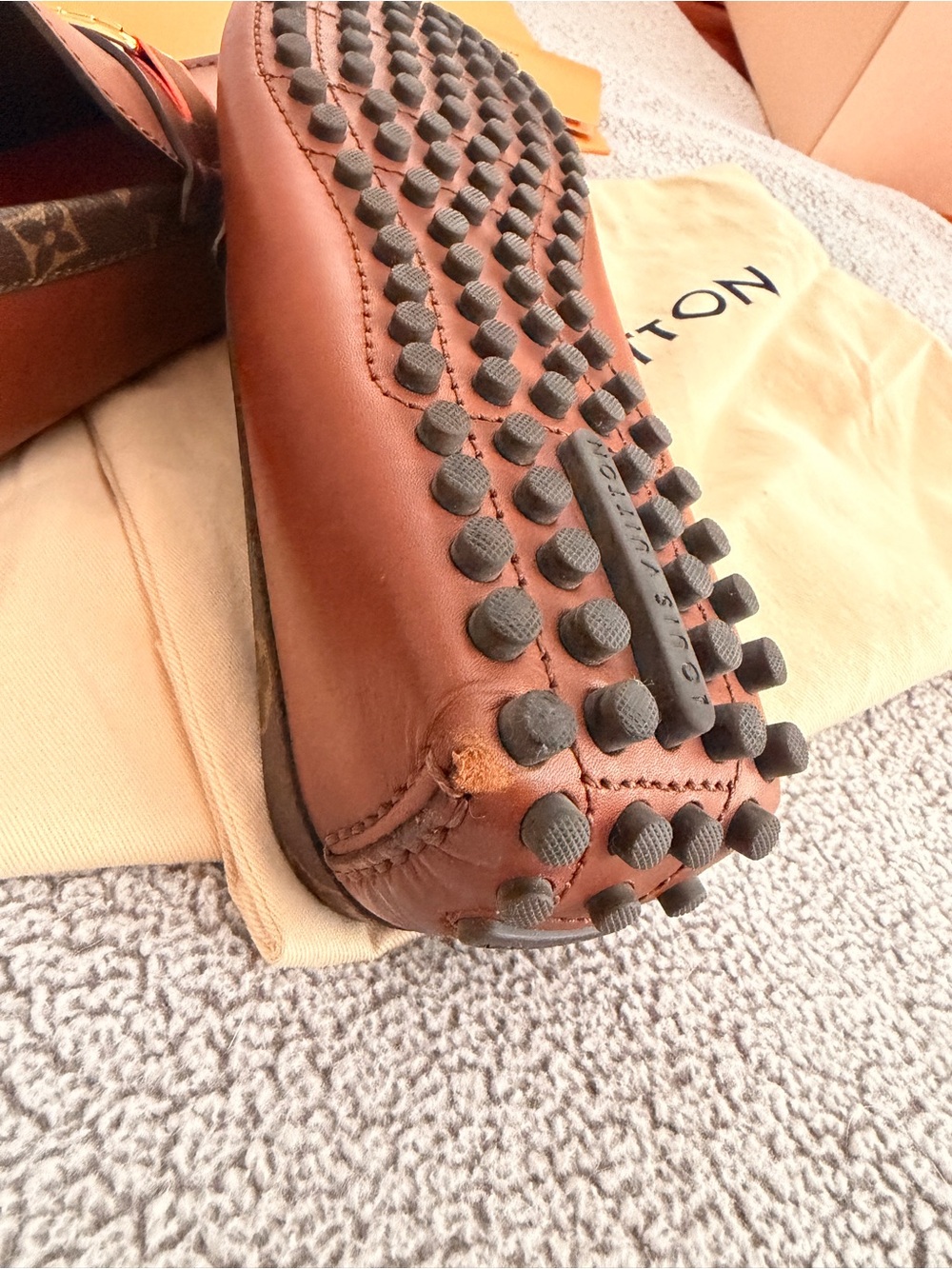 Louis Vuitton Brown Leather Men’s Slip-On Loafers with Gold LV Hardware - Picture 4 of 9
